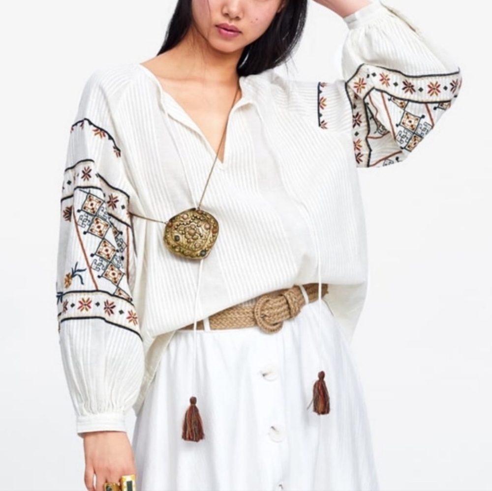 ZARA Embroidered Tassel Tie Cotton Linen Blend Peasant Top Blouse